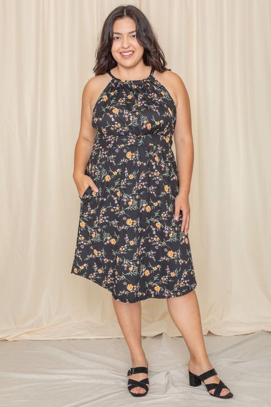 Patricia Floral Halter Top Midi Dress (Plus)