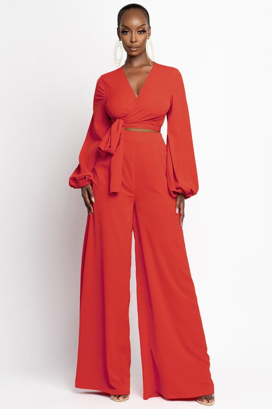 Thalia Two Piece Pant Set: Orange Red