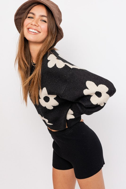 Lyla Long Sleeve Crop Sweater with Daisy Pattern