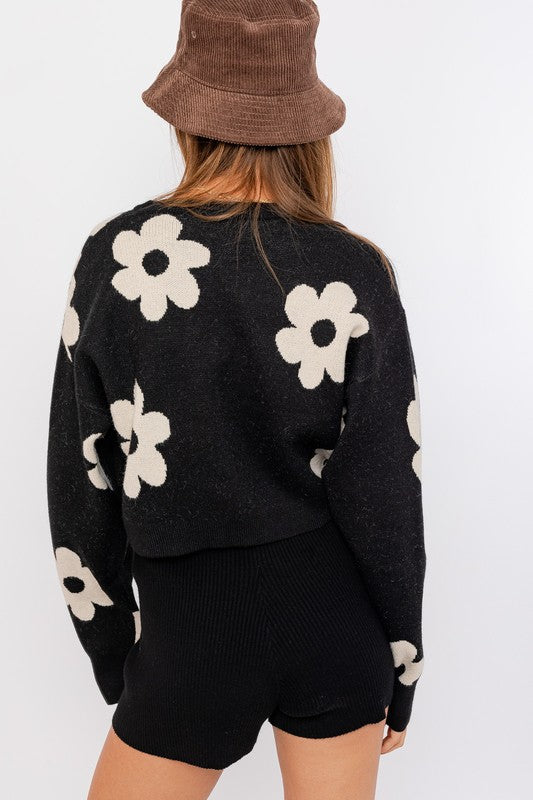 Lyla Long Sleeve Crop Sweater with Daisy Pattern