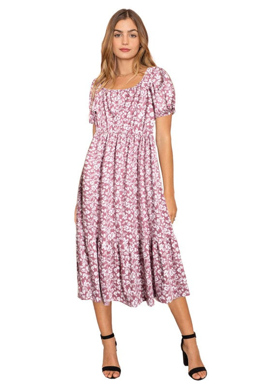 Paisley Floral Square Neck Puff Sleeve Boho Dress (PLUS)