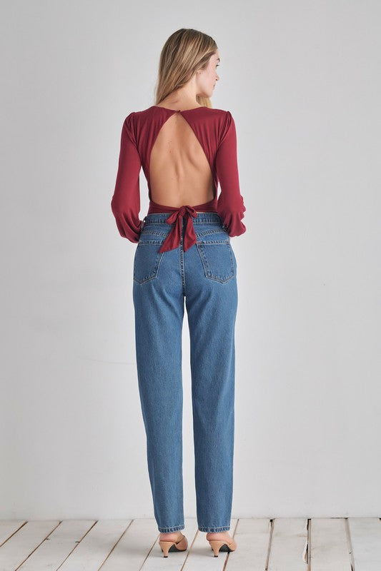 Raya V-Neck Balloon Sleeve Tie-Back Bodysuit