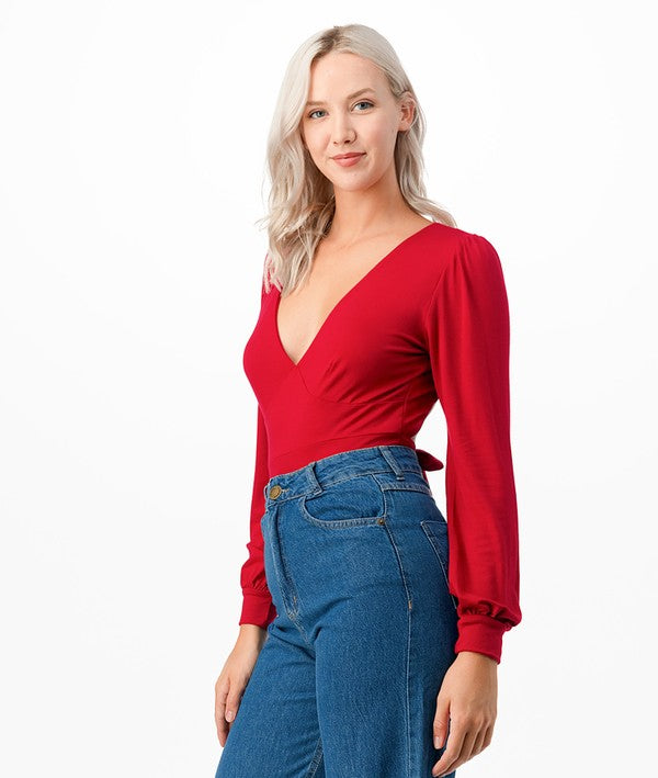 Raya V-Neck Balloon Sleeve Tie-Back Bodysuit