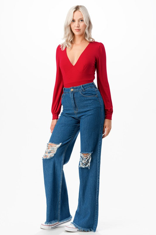 Raya V-Neck Balloon Sleeve Tie-Back Bodysuit