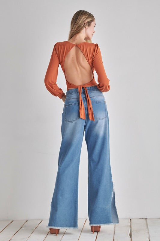 Raya V-Neck Balloon Sleeve Tie-Back Bodysuit