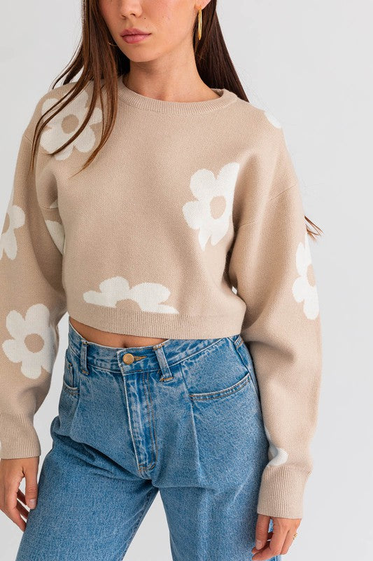 Lyla Long Sleeve Crop Sweater with Daisy Pattern