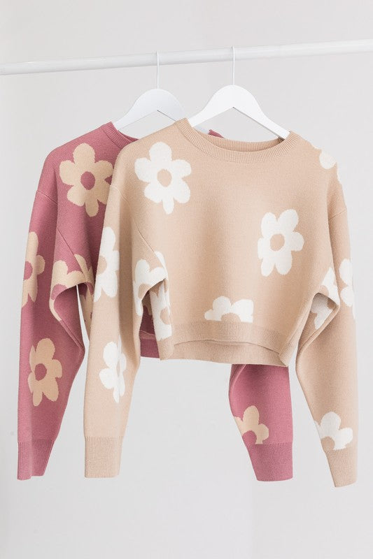 Lyla Long Sleeve Crop Sweater with Daisy Pattern