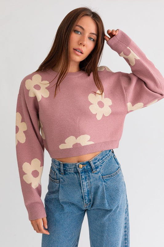 Lyla Long Sleeve Crop Sweater with Daisy Pattern