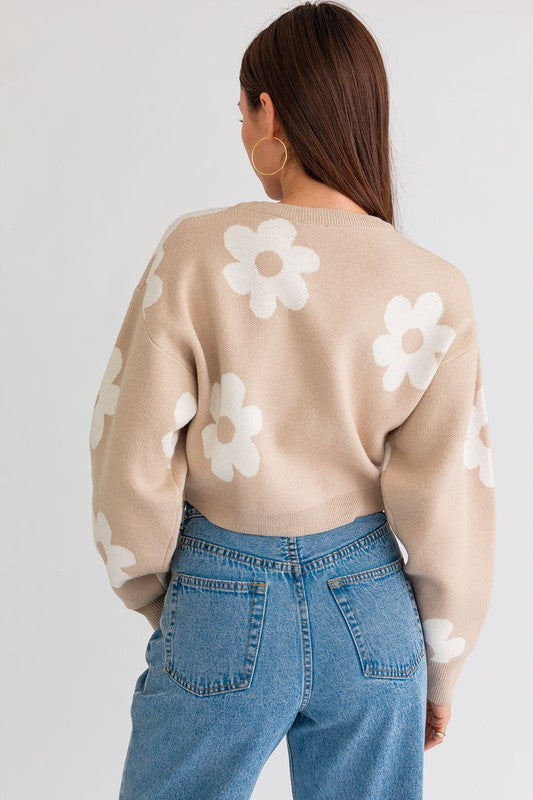 Lyla Long Sleeve Crop Sweater with Daisy Pattern