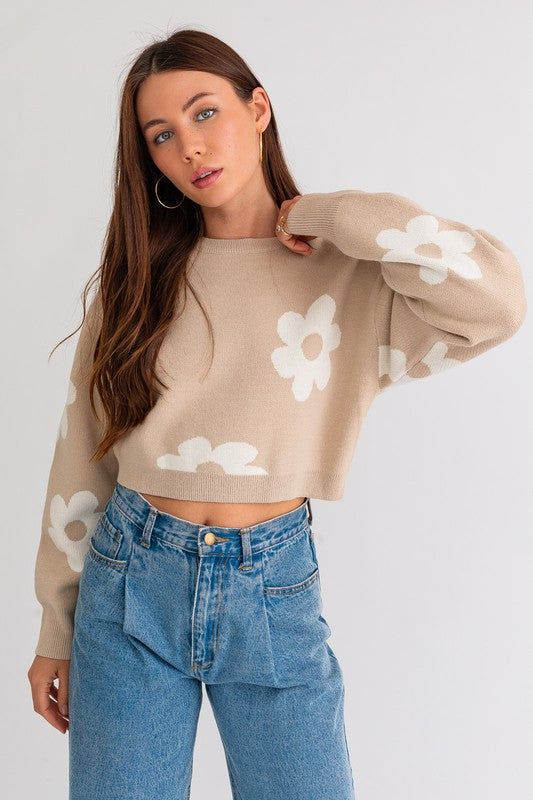 Lyla Long Sleeve Crop Sweater with Daisy Pattern