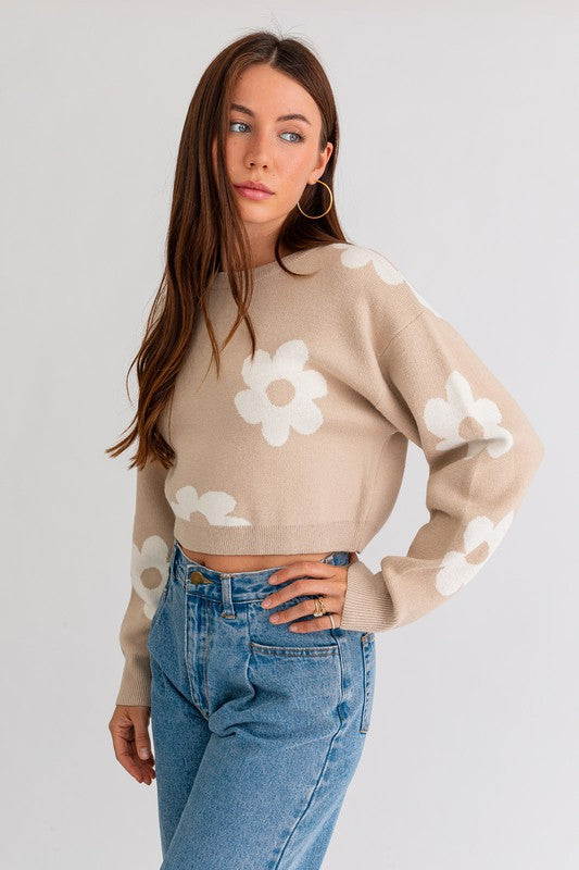 Lyla Long Sleeve Crop Sweater with Daisy Pattern