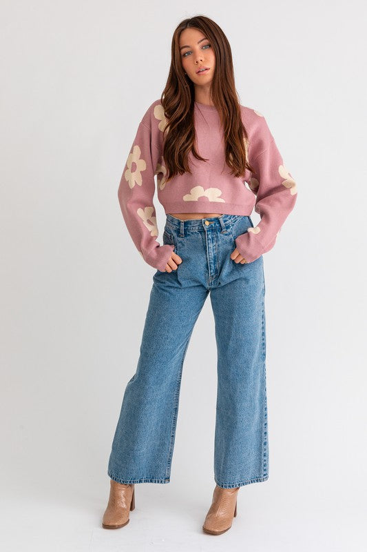 Lyla Long Sleeve Crop Sweater with Daisy Pattern