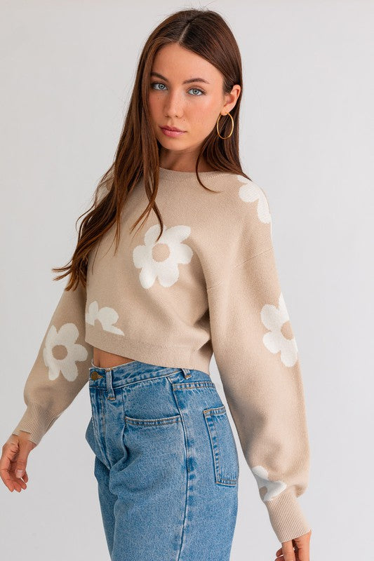 Lyla Long Sleeve Crop Sweater with Daisy Pattern