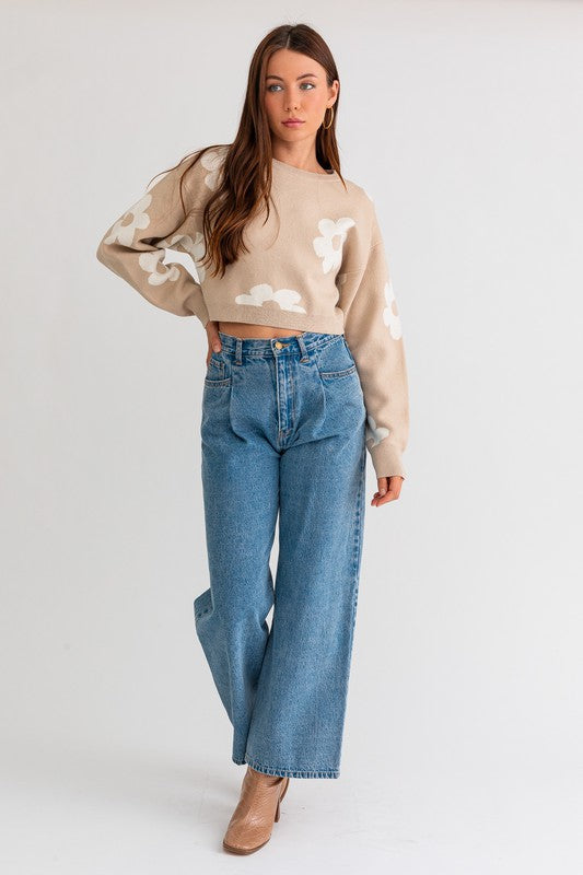 Lyla Long Sleeve Crop Sweater with Daisy Pattern