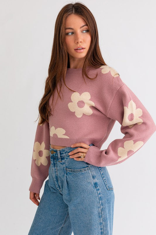 Lyla Long Sleeve Crop Sweater with Daisy Pattern