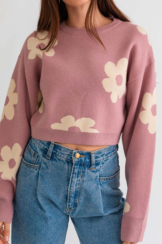 Lyla Long Sleeve Crop Sweater with Daisy Pattern