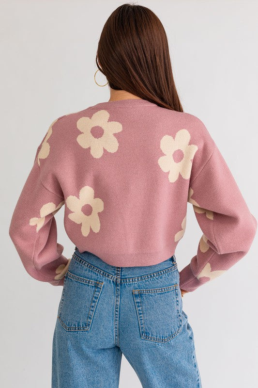 Lyla Long Sleeve Crop Sweater with Daisy Pattern