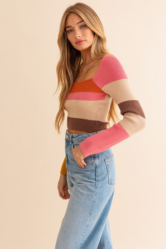 Leena Long Sleeve Color Block Stripe Knit Top