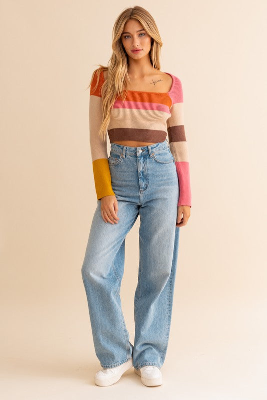 Leena Long Sleeve Color Block Stripe Knit Top