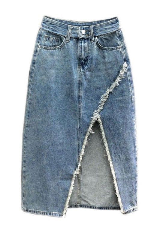 Zara Distressed Denim Midi Skirt